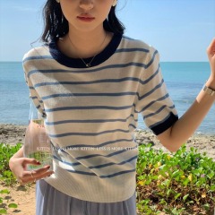 Striped knitted sweater T-shirt for women 2025 summer thin Korean gentle shoulder short sleeve ice silk round neck top