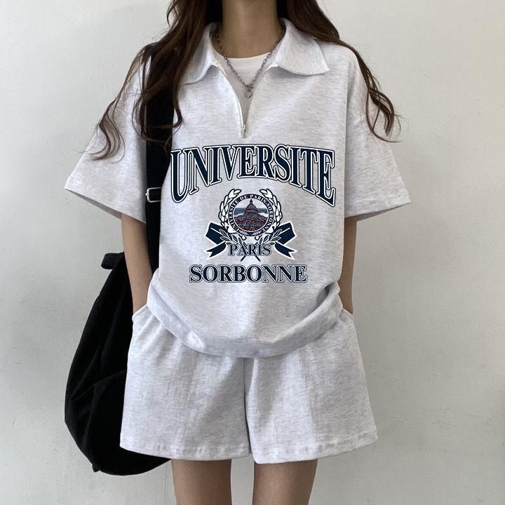 夏季學院風休閒運動套裝女寬鬆時尚減齡顯瘦拉鏈短袖韓國短褲