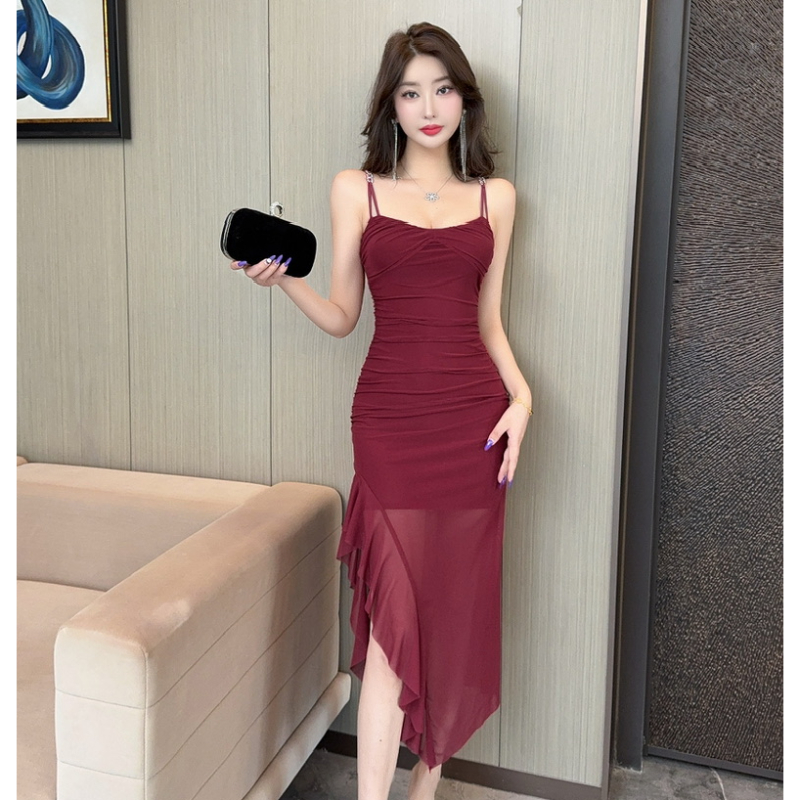 實拍~辣妹風網紗不規則荷葉邊拼接開叉顯身材長款吊帶連衣裙