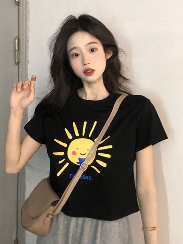 純棉原版外貿韓版後包領夏季新款短袖T恤女高腰露臍圓領修身上衣