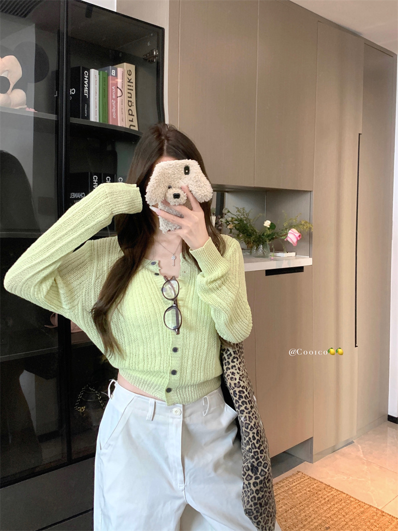 Real photo of knitted cardigan for women 2025 new green top long sleeve Korean jacket