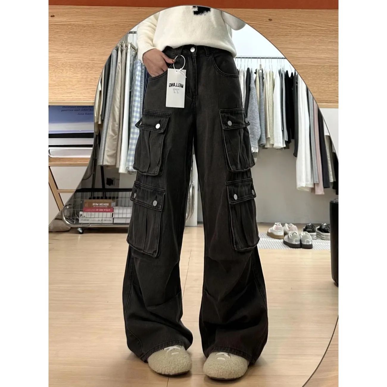 New retro street vibe multi-pocket denim work pants for women's high street straight wide-leg slim dad pants