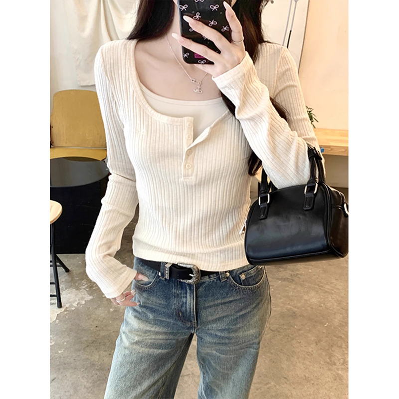 Half-open collar front shoulder fake two-piece long-sleeved T-shirt for women's Spring and Autumn 2025 new base shirt slim fit and slim inner top