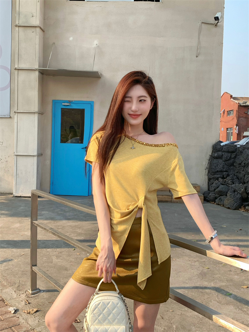 Real shot of new summer sequin irregular lace-up short-sleeved T-shirt women's skirt suit