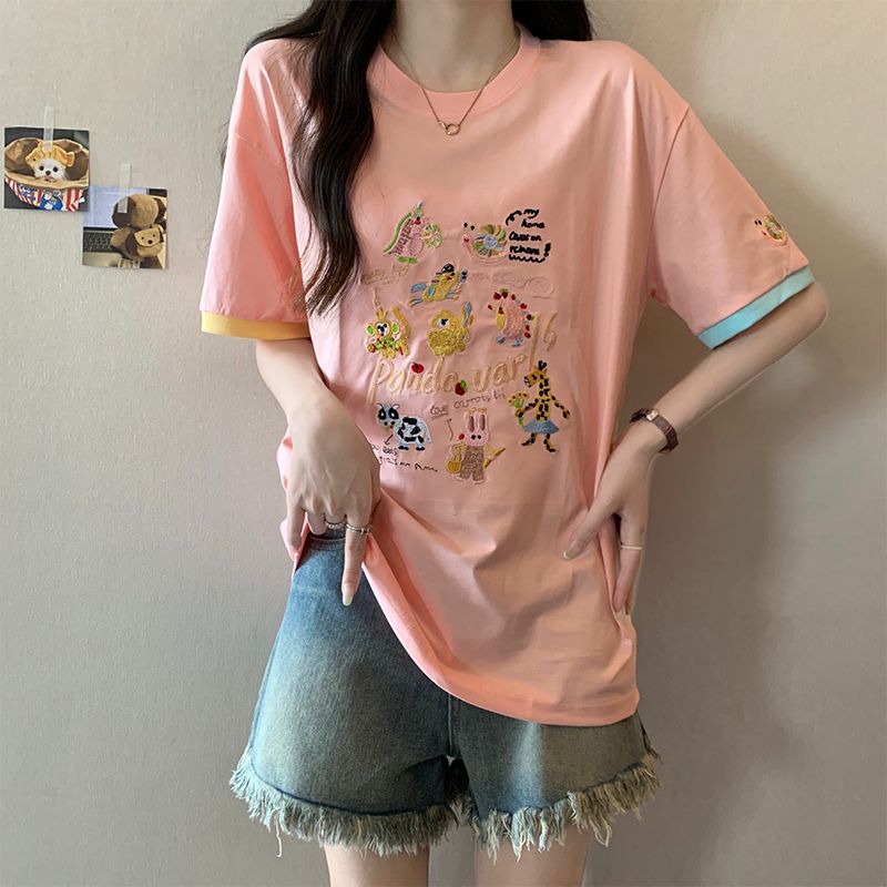 實拍 重工刺繡圓領寬鬆休閒減齡百搭撞色拼接短袖T恤