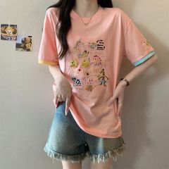 實拍 重工刺繡圓領寬鬆休閒減齡百搭撞色拼接短袖T恤