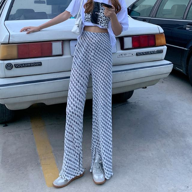 Korean foreign trade Korean version large-size women's clothing new letter printing slit casual pants loose and versatile floor trousers