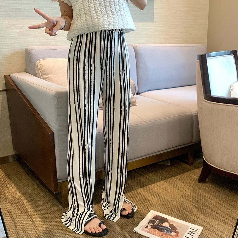 Korean foreign trade Korean version large-size women's black and white striped wide-leg pants for women pleated style contrasting color casual straight-leg pants