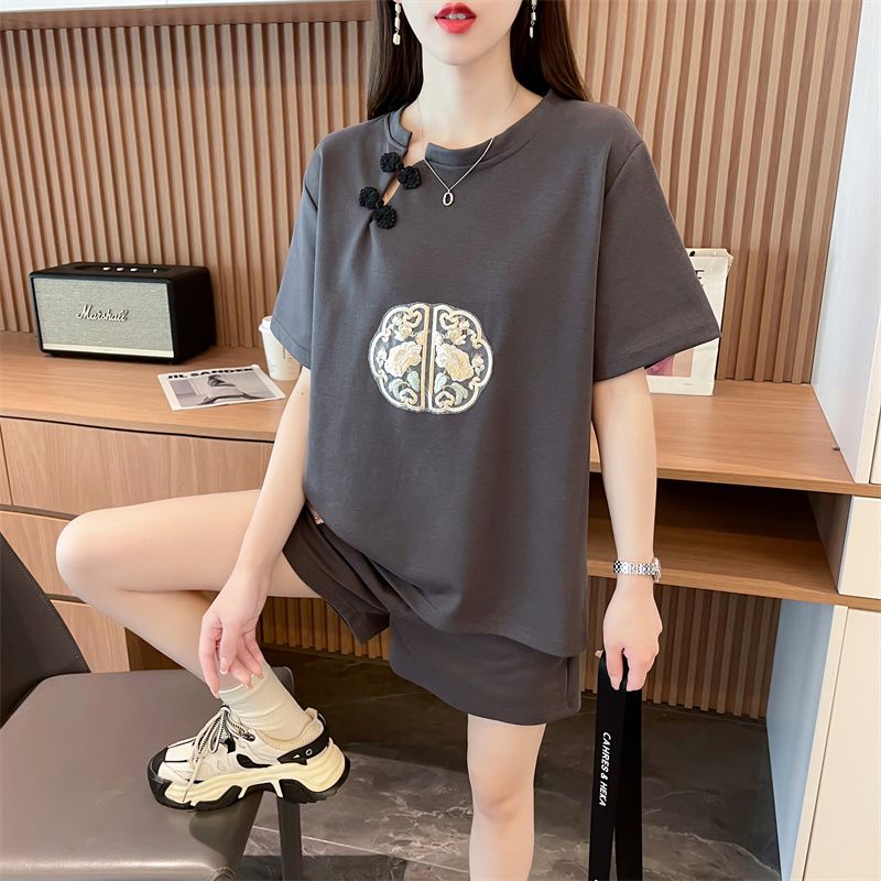 實拍~質量/後包領/寬鬆新國風盤扣設計刺繡運動套裝女夏