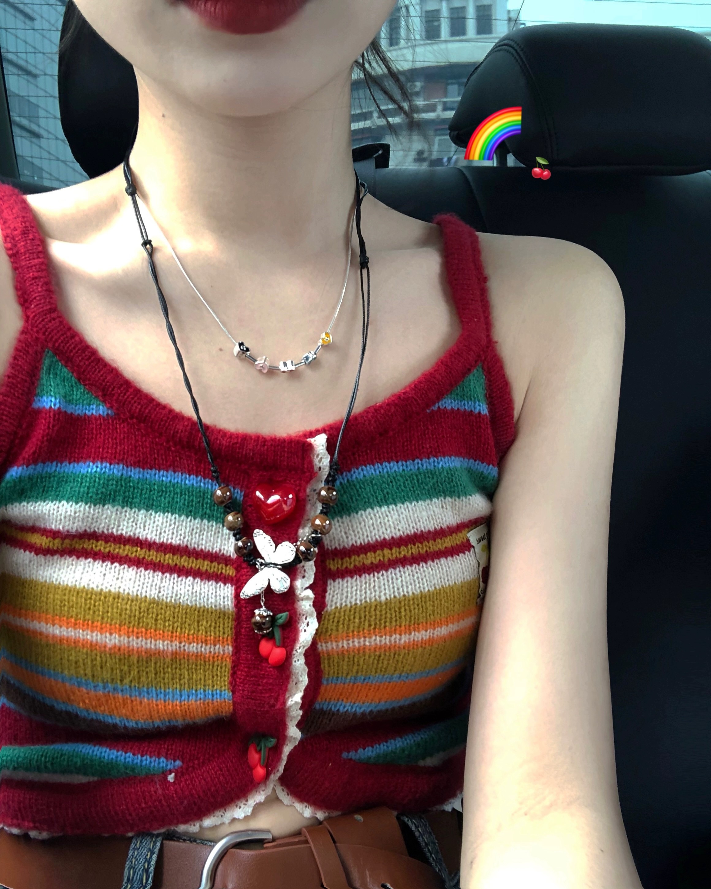 ALITTLE chaotic "little rainbow" love cherry buckle striped knitted vest girly summer