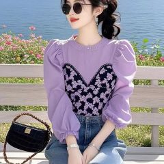 原版做工紫色假兩件碎花設計感長袖女春季獨特别致漂亮洋氣上衣