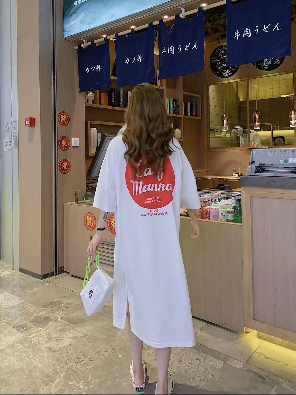 仿棉牛奶絲# 韓系夏季新款開叉印花T恤連衣裙女寬鬆顯瘦短袖裙子