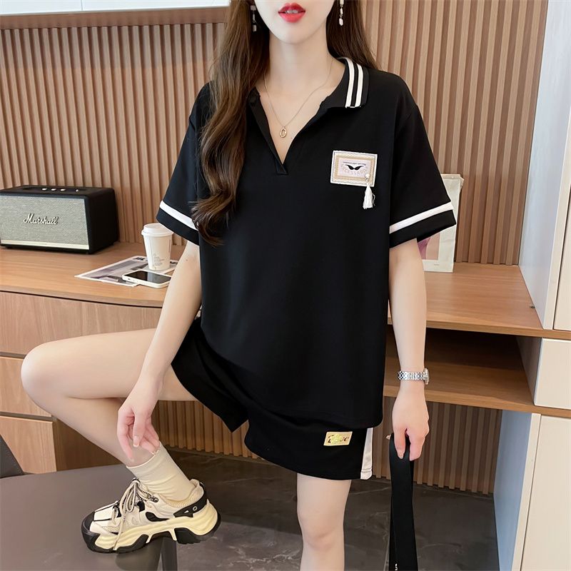 實拍~質量/後包領/寬鬆POLO領洋氣撞色運動服兩件套女夏