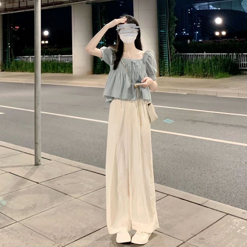 溫柔風甜美泡泡袖娃娃衫襯衫高腰闊腿休閒褲時尚兩件套夏季女