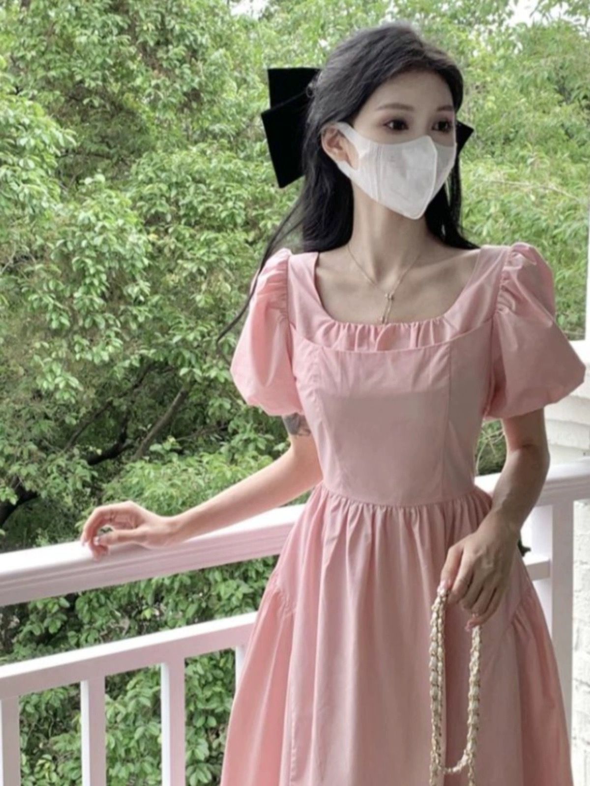 粉色泡泡袖小個子連衣裙女夏季2025新款收腰初戀裙茶歇法式長裙子