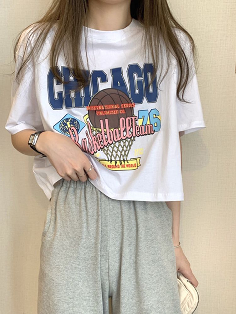 純棉原版外貿韓版後包領夏季新款女裝圓領印花修身短款T恤女短袖