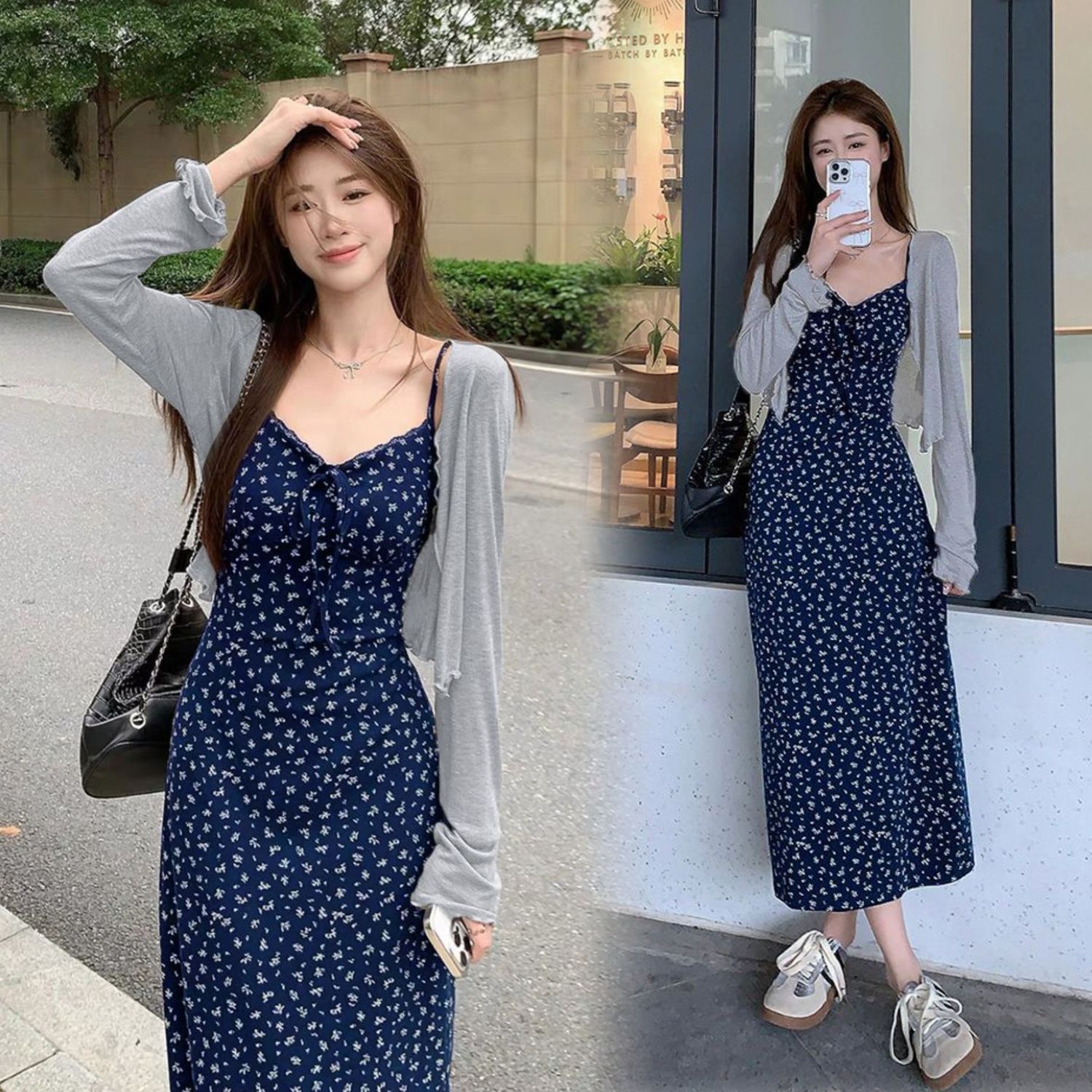 New early autumn outfit for foreign trade dresses, a whole set of dresses for women's summer temperament, gentle Korean style, slim floral suspender skirt