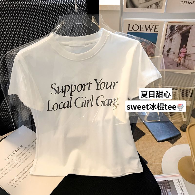 Pure cotton original foreign trade Korean version rear bag collar summer new women's round neck printed slim short T-shirt for women short sleeves