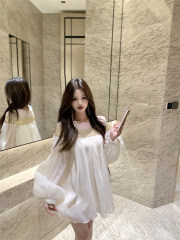 實拍~  皮卡爾莊園 溫柔網紗亮片拼接連衣裙寬鬆溫柔短裙