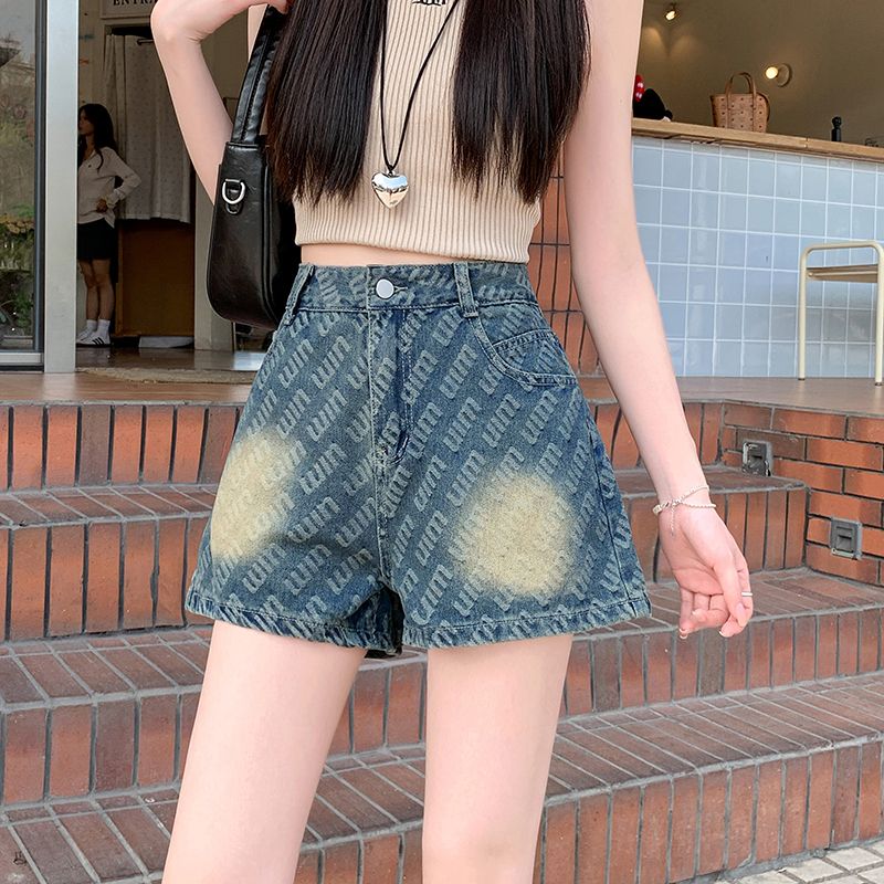 Real shot~ Letter printed high-waist denim shorts for women in summer new versatile A-line loose wide-leg hot pants