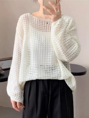 慵懶風輕薄鏤空針織罩衫女春夏新款韓版寬鬆時尚透視長袖防曬上衣