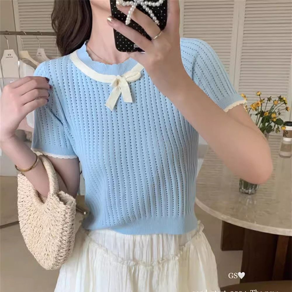 Sweet hot girls contrasting color design bow knitted short sleeve summer new slim slim and versatile short top for women