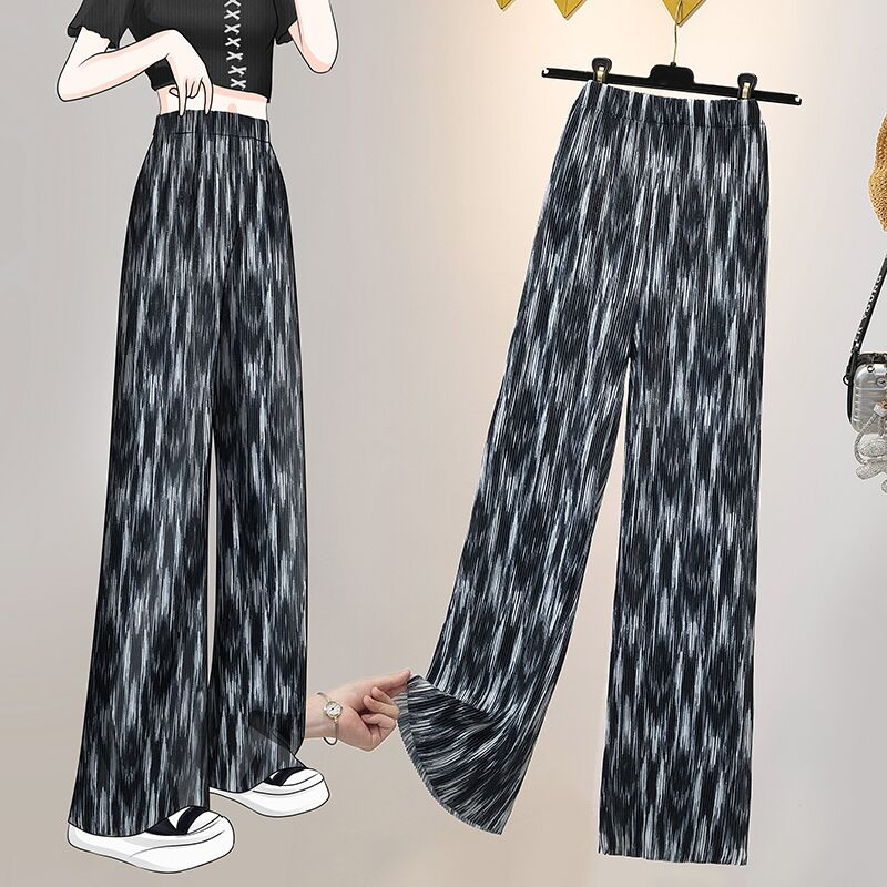 Korean foreign trade large-size American tie-dye wide-leg pants for women in spring and summer thin fat mm ice silk drape straight trousers