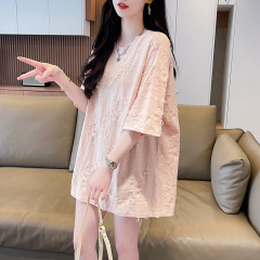 | Real shot | 230g cotton cotton | Back bag collar | Summer mid-length hollow short-sleeved ripped T-shirt