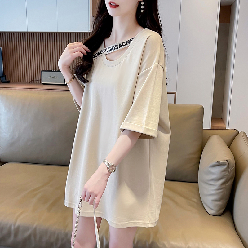 | Real shot | Pure cotton 200g | Back bag collar | Mid-length small trick short-sleeved loose T-shirt for women