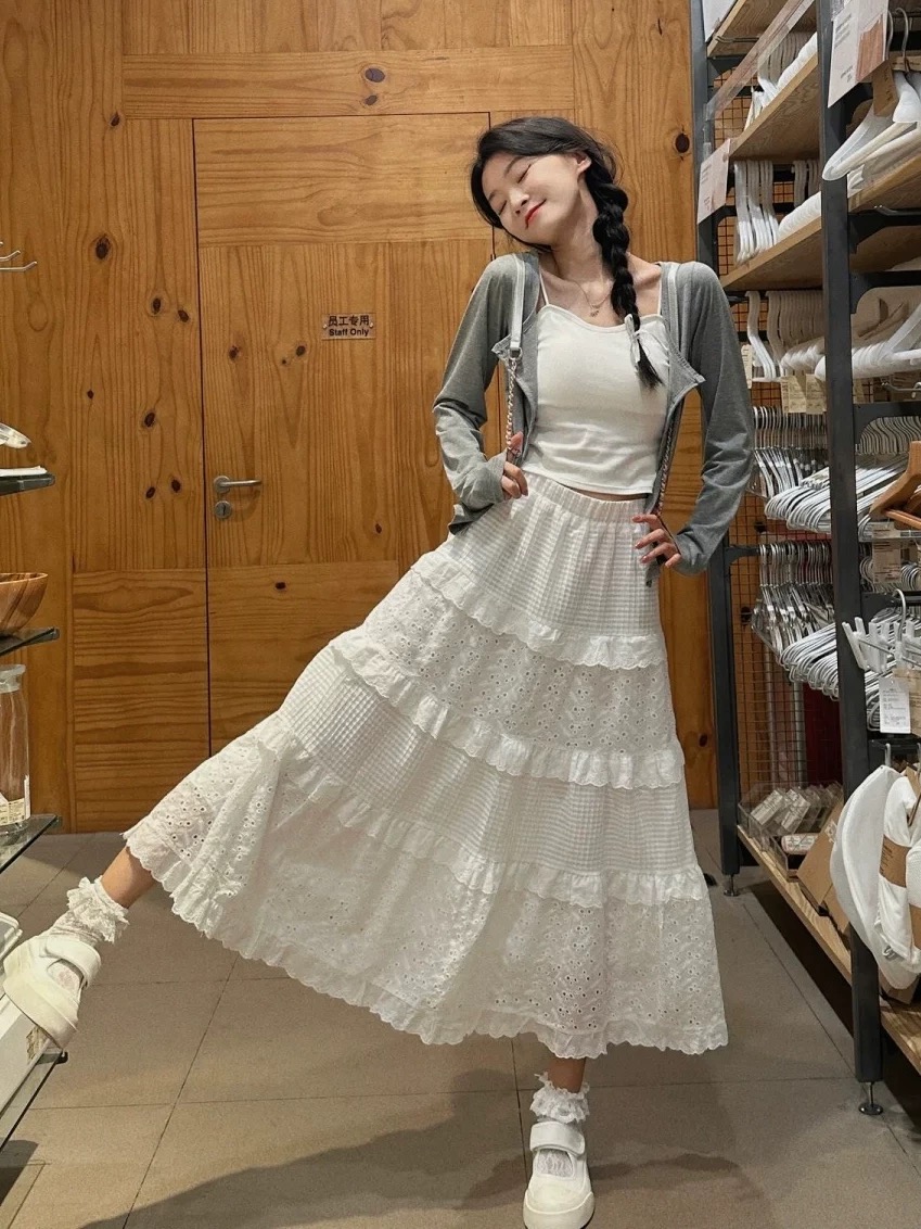 kumikumi gentle hollow hook flower skirt autumn high waist cake long skirt white skirt
