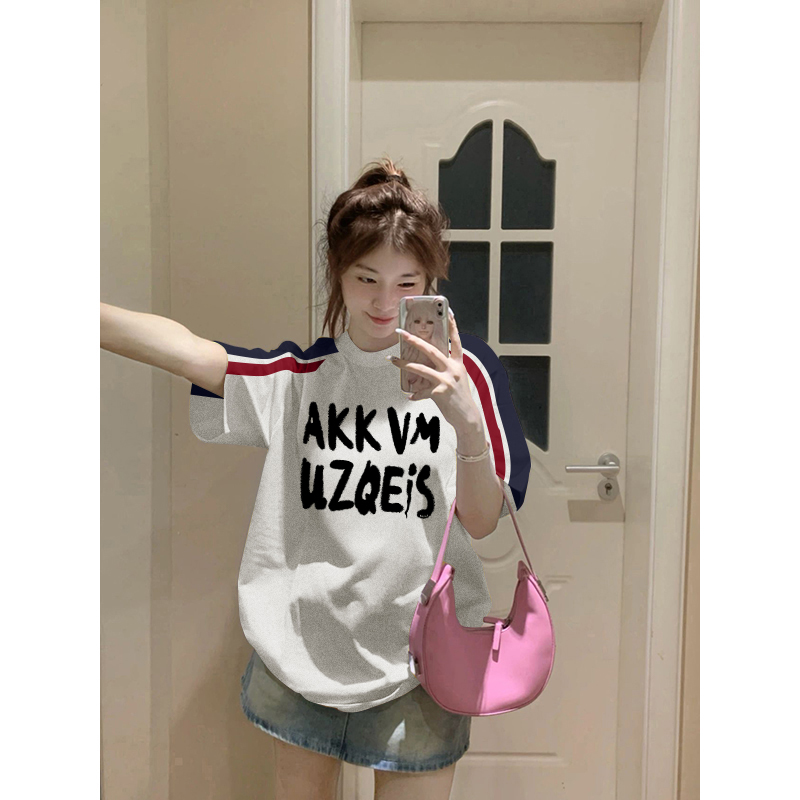 High-quality pure cotton 220g 19 pieces of wool + feel printed loose large version of raglan contrasting color short-sleeved T-shirt for women