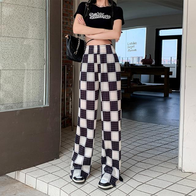 Foreign trade large-size women's black and white plaid straight-leg pants for women Korean new high-waist pleated wide-leg pants loose draping