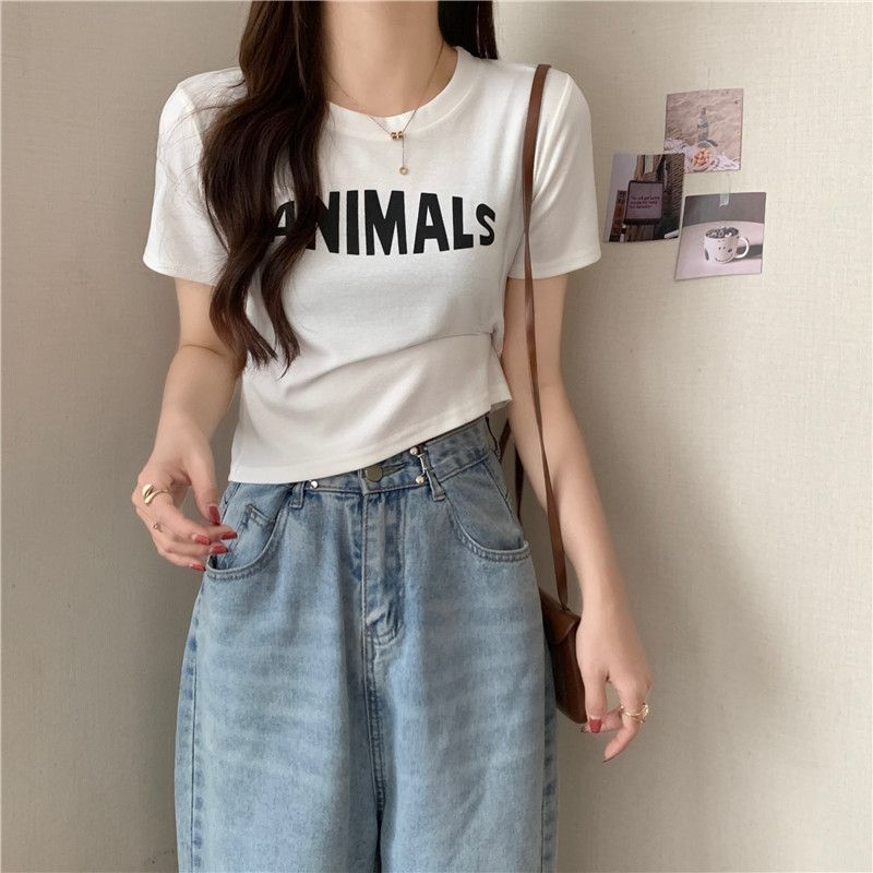 純棉原版外貿韓版後包領夏季新款女裝圓領印花修身短款T恤女短袖