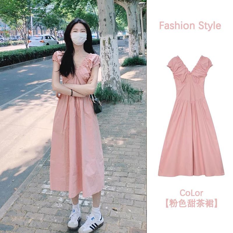 Foreign trade original small pink V-neck dress for women in summer new style waist-hugging and gentle short-sleeved skirt