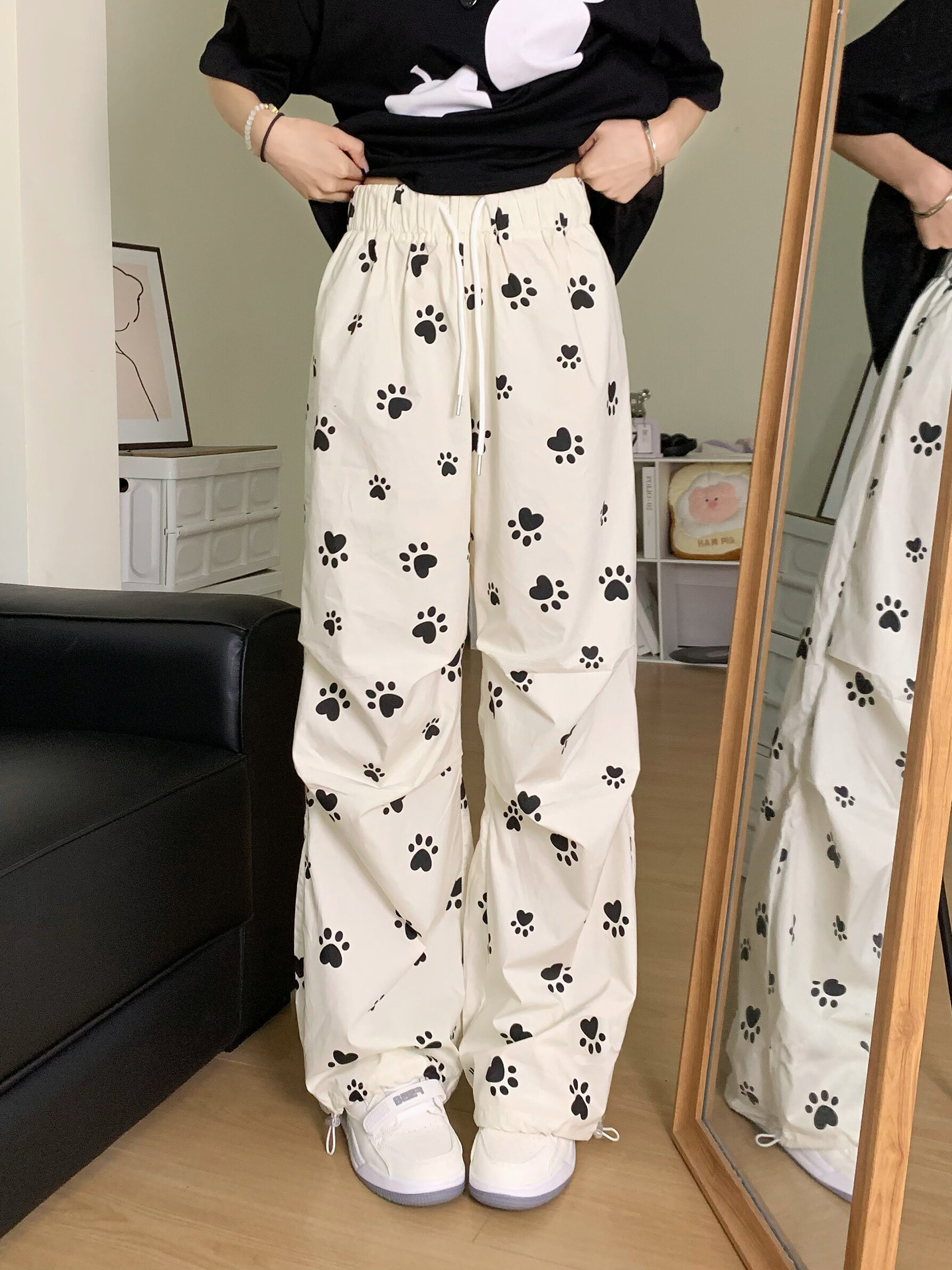 Spring and summer cute dog paw printed drawstring work pants new style design high waist loose slimming wide-leg trousers
