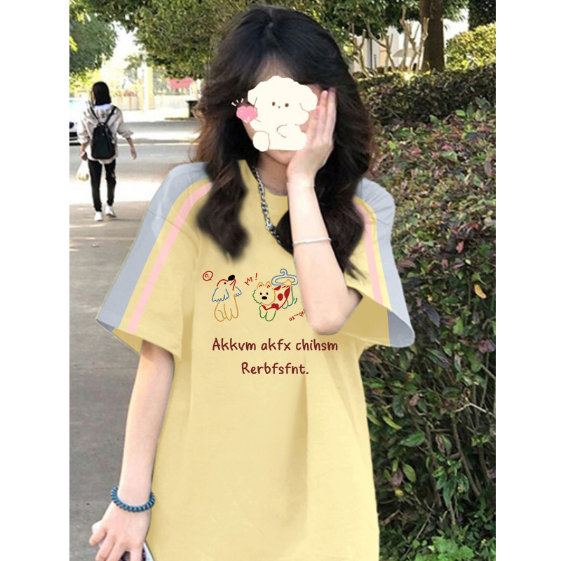 High-quality pure cotton 220g 19 pieces of wool + feel printed loose large version of raglan contrasting color short-sleeved T-shirt for women