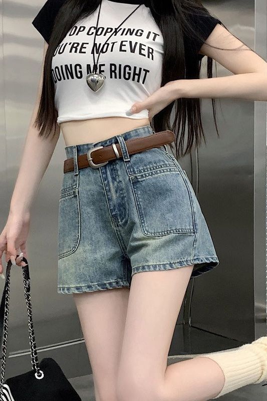 2025 summer new European version design denim shorts for women high waist retro front pocket A-line slimming wide-leg hot pants