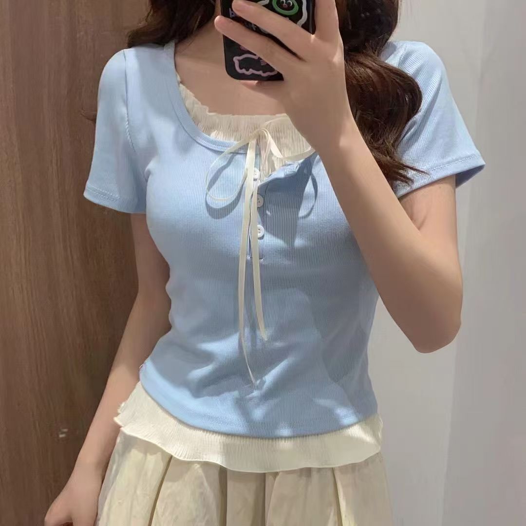 帶胸墊小香風假兩件正肩短袖t小個子設計感小眾顯瘦百搭上衣