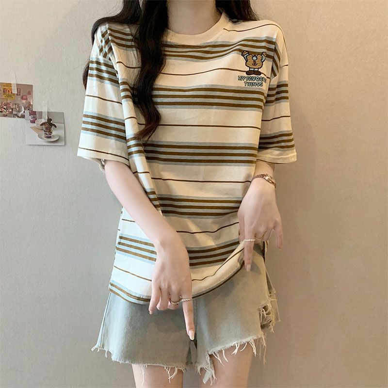 實拍搞怪舉手小熊~休閒條紋短袖t恤女圓領可愛卡通刺繡上衣夏