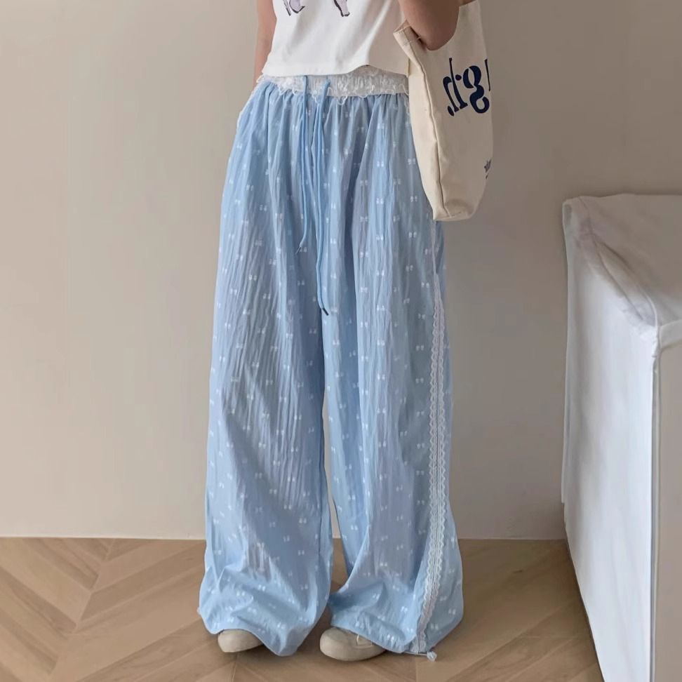 甜美風蕾絲拼接蝴蝶結印花褲子寬鬆闊腿褲女夏季高腰直筒褲拖地褲