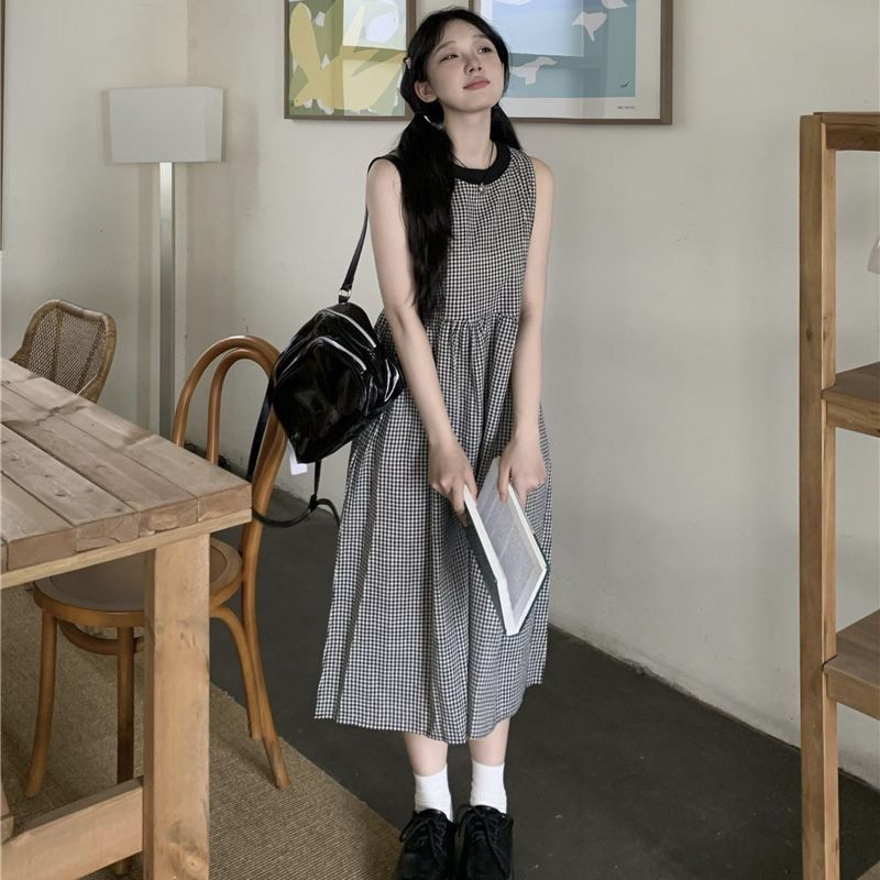 復古格子無袖背心氣質連衣裙女裝春季2025新款收腰中長款休閒裙子