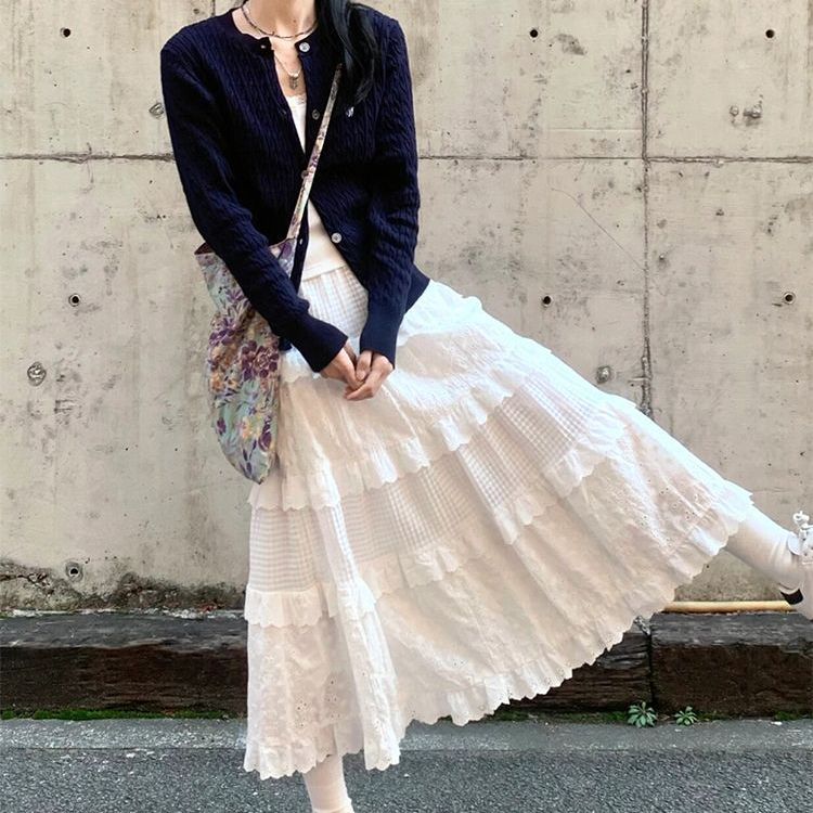蕾絲蛋糕裙女夏季新款高腰顯瘦收腰小個子白色半身裙長裙a字