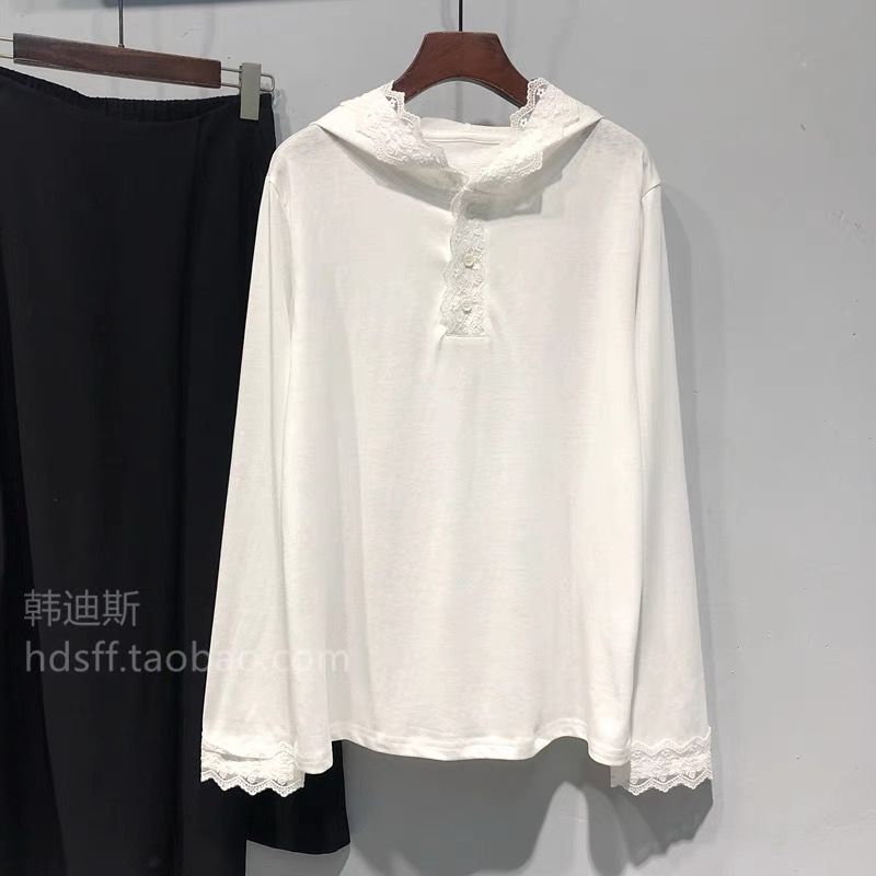 ~大碼純棉純色蕾絲拼接設計連帽T恤女2025春