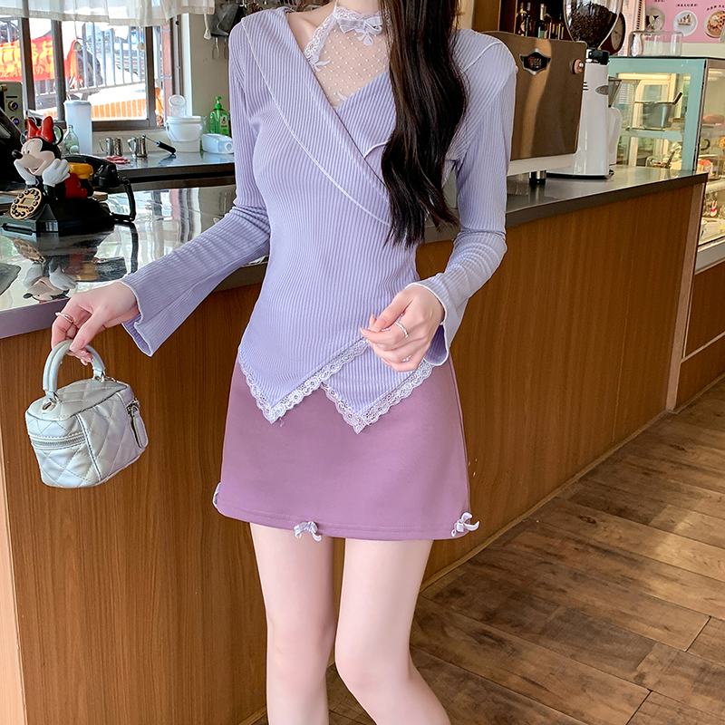 Real shot~ New purple suit slim and pure and sweet top + half-body skirt two-piece set for women