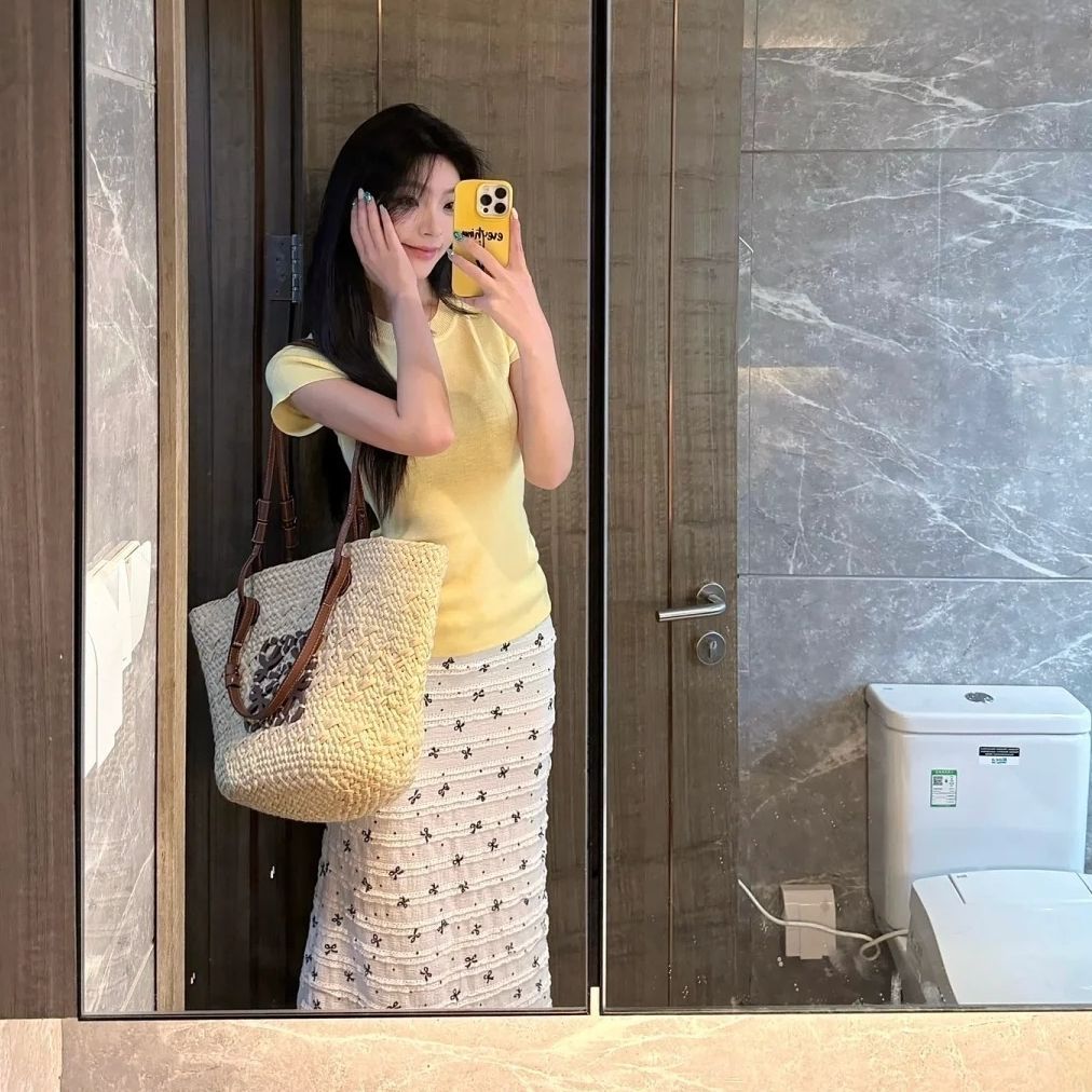 美式辣妹木耳邊蝴蝶結印花蕾絲碎花包臀魚尾半身裙長裙女夏