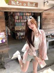 蕾絲拼接條紋防曬衣襯衫女