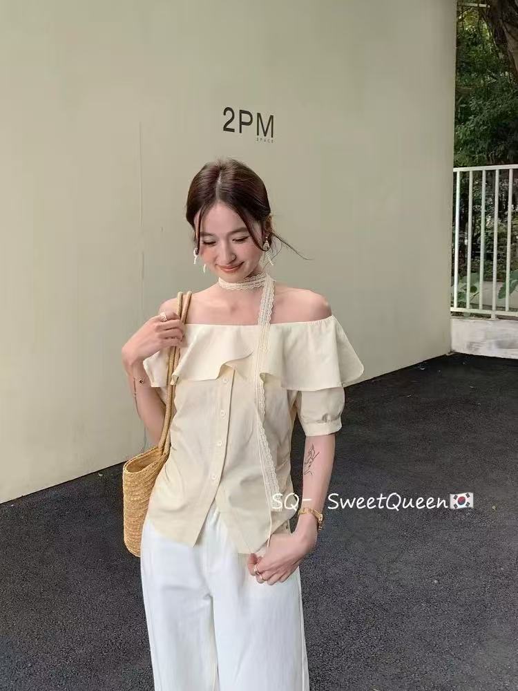 2025夏季新款韓版時尚氣質百搭顯瘦荷葉邊襯衫一字肩配飄帶