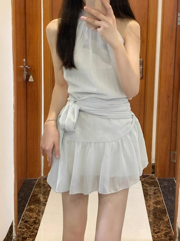 French halter sleeveless blue dress women's summer design bow tied A-line skirt black short skirt