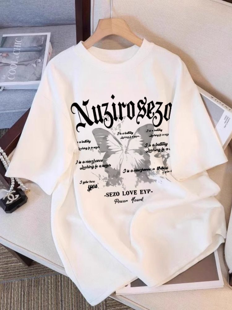 美式蝴蝶印花白色短袖t恤女2025夏季新款寬鬆上衣