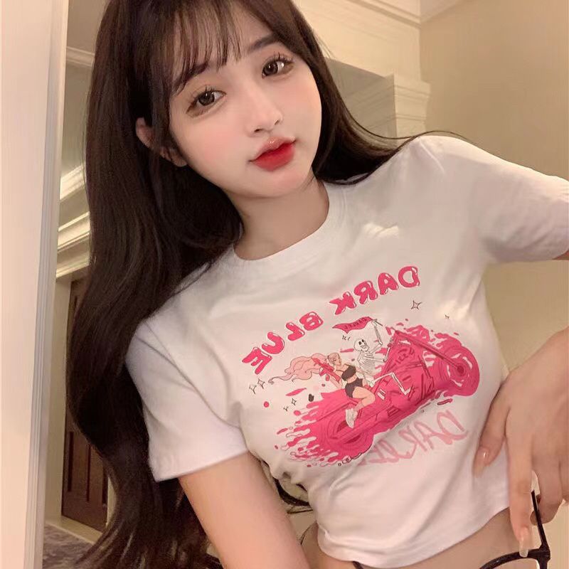 純棉原版外貿韓版後包領夏季新款女裝圓領印花修身短款T恤女短袖